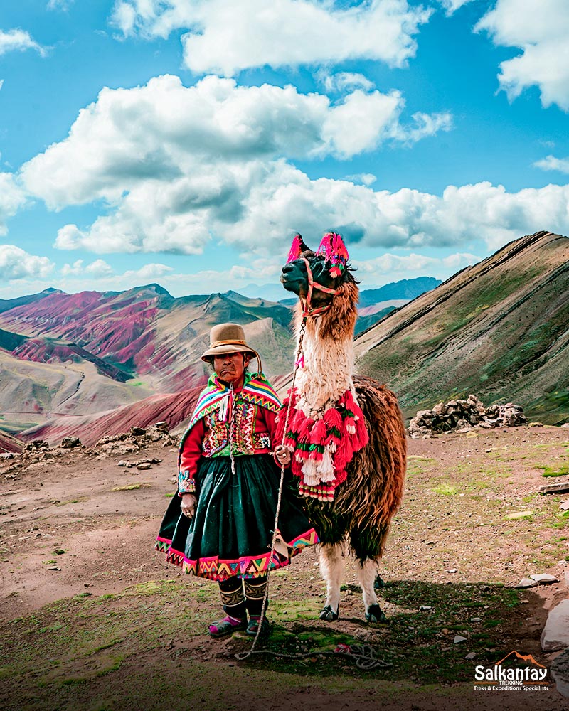 Homem andino e uma lhama na Montanha Colorida de Palccoyo