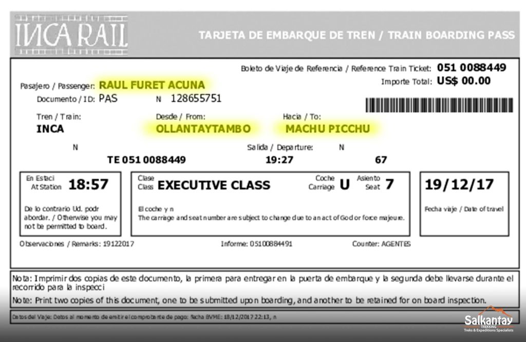 Bilhete de trem - Inca Rail