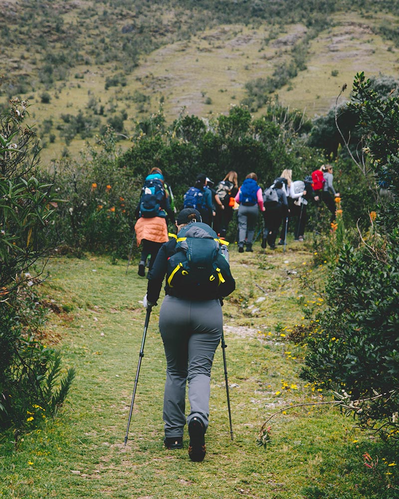 Grupo de mulheres caminhando na montanha.