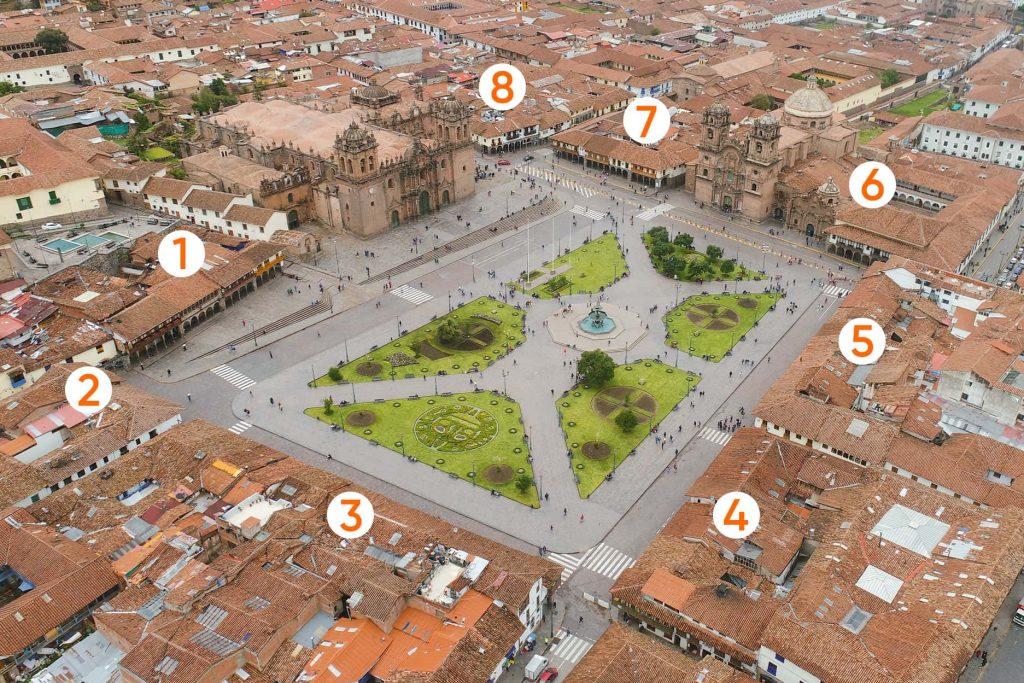 Os portais que rodeiam a Plaza de Armas do Cusco